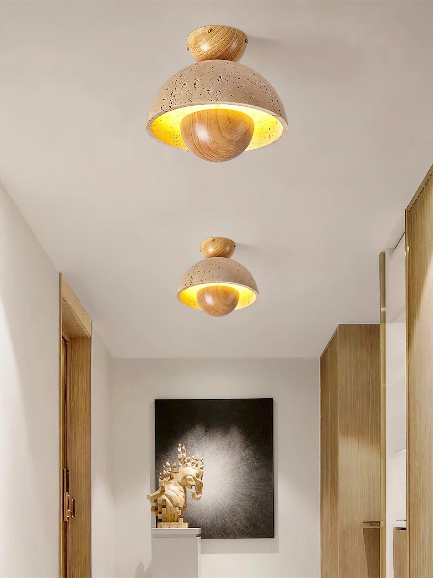 Wabi-Sabi Style Travertine and Wood Half-Sphere Ceiling Light